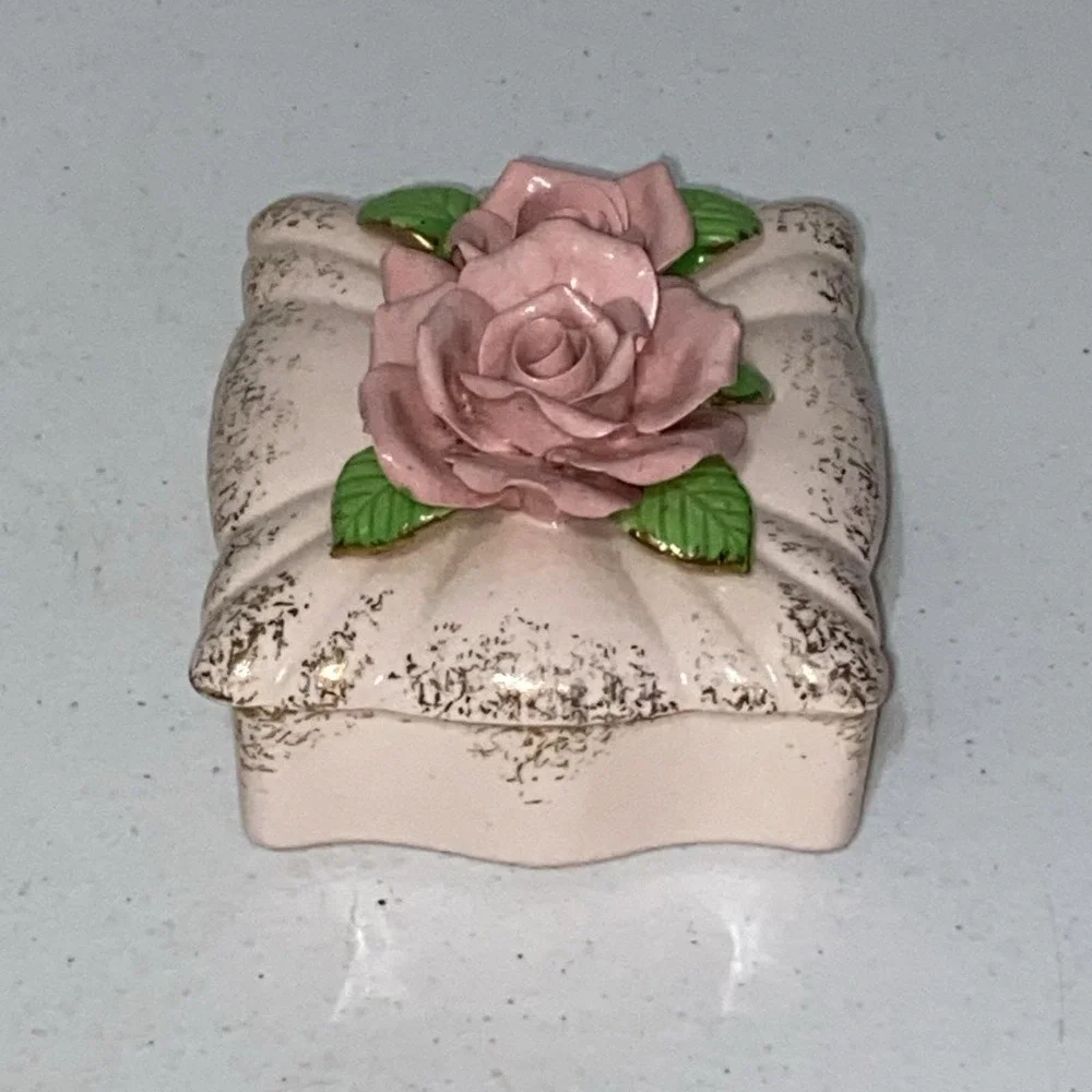 Vintage Made In Occupied Japan Rose Trinket Dish Pink Floral Jewelry Box Rare